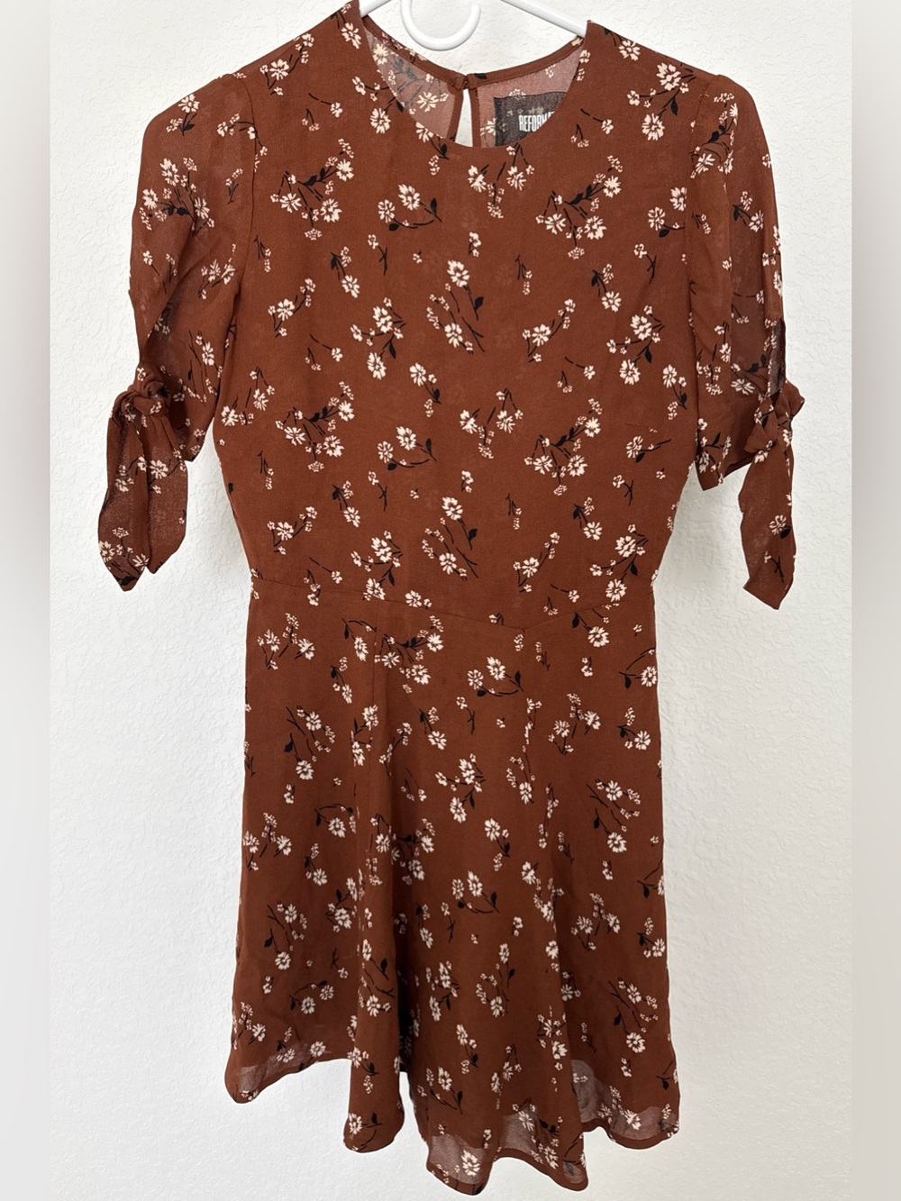 Reformation Rust Brown Floral Tie-Sleeve Mini Dress